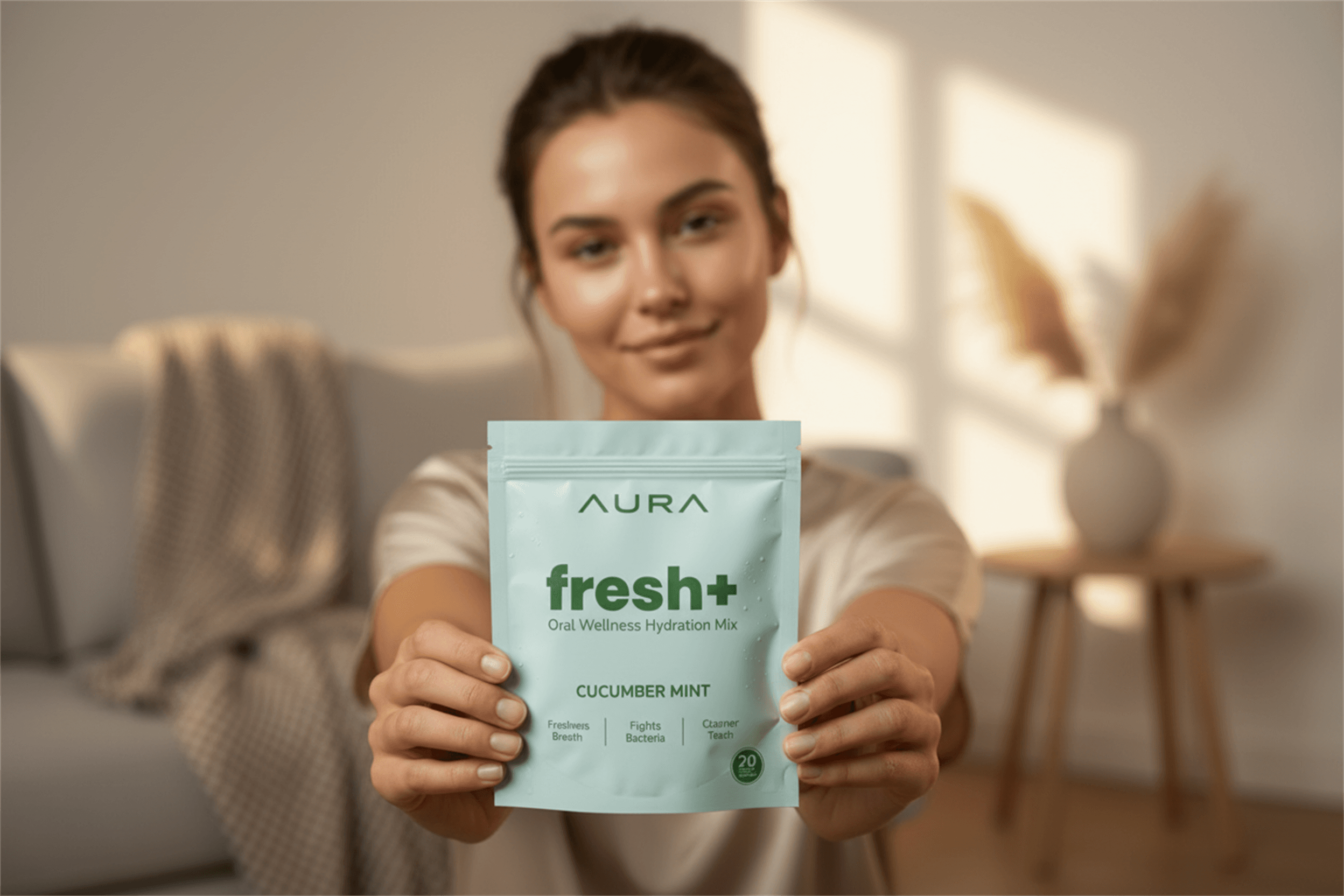 Woman holding Aura fresh+ in a bright room